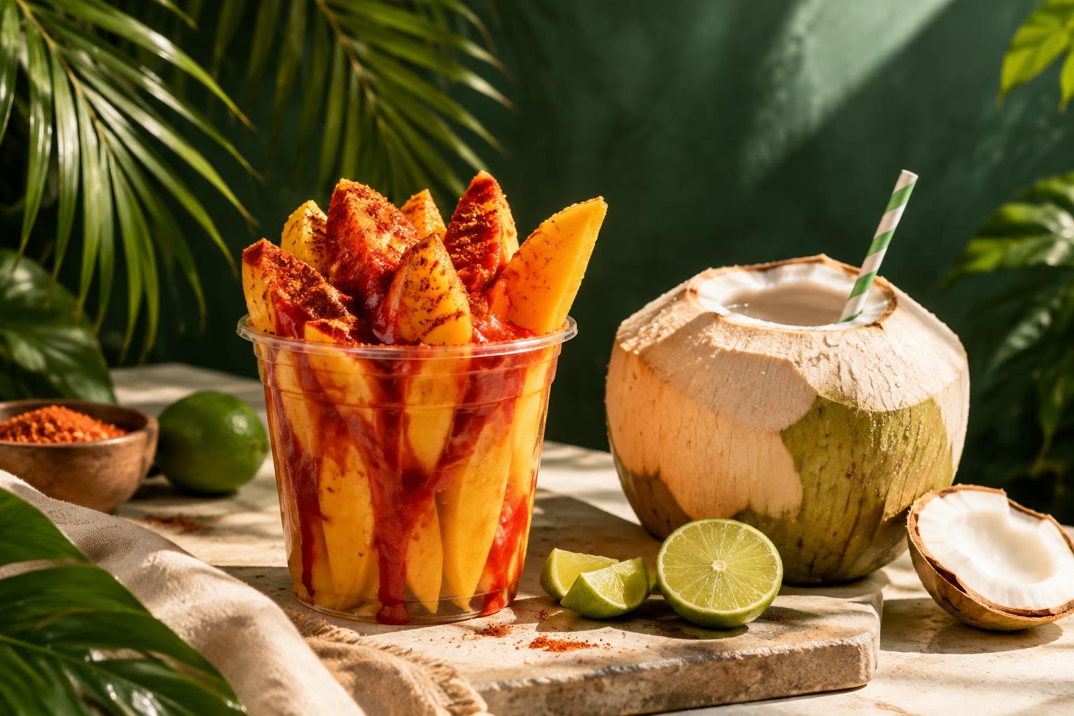 Mango with chamoy, homemade Tajín, lime and fresh coconut